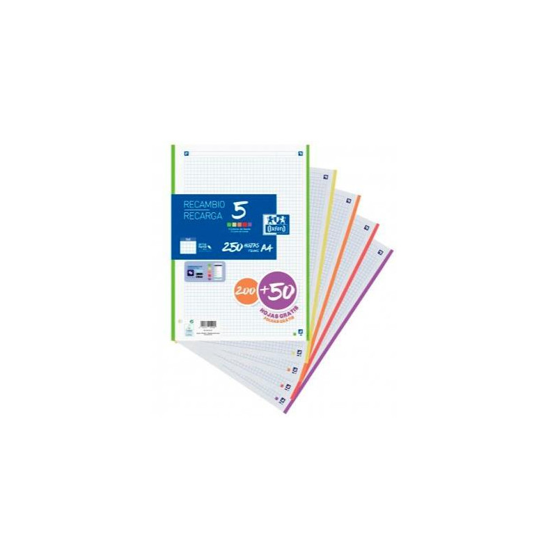 (400150903) OXFORD RECAMBIO 200 + 50 HOJAS GRATIS A4 MICROPERFORADAS 4 CUADRÍCULA 5X5MM 90GR 5 BANDAS COLORES VIVOS (400150903) OXFORD RECAMBIO 200 + 50 HOJAS GRATIS A4 MICROPERFORADAS 4 CUADRÍCULA 5X5MM 90GR 5 BANDAS COLORES VIVOS