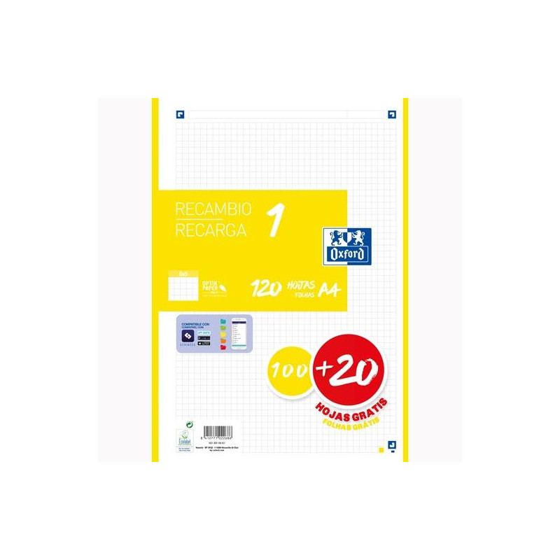 (400158160) OXFORD RECAMBIO CLASSIC 120 HOJAS A4 SUELTAS 90GR 5X5MM 4 TALADROS 1 BANDA COLOR AMARILLO (400158160) OXFORD RECAMBIO CLASSIC 120 HOJAS A4 SUELTAS 90GR 5X5MM 4 TALADROS 1 BANDA COLOR AMARILLO