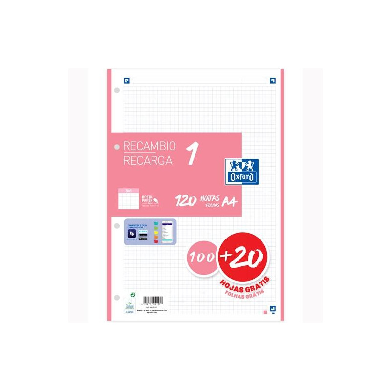 (400158161) OXFORD RECAMBIO CLASSIC 120 HOJAS A4 SUELTAS 90GR 5X5MM 4 TALADROS 1 BANDA COLOR ROSA CHICLE (400158161) OXFORD RECAMBIO CLASSIC 120 HOJAS A4 SUELTAS 90GR 5X5MM 4 TALADROS 1 BANDA COLOR ROSA CHICLE