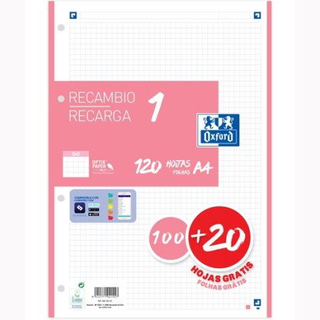 (400158161) OXFORD RECAMBIO CLASSIC 120 HOJAS A4 SUELTAS 90GR 5X5MM 4 TALADROS 1 BANDA COLOR ROSA CHICLE