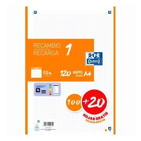 (400158163) OXFORD RECAMBIO CLASSIC 120 HOJAS A4 SUELTAS 90GR 5X5MM 4 TALADROS 1 BANDA COLOR NARANJA