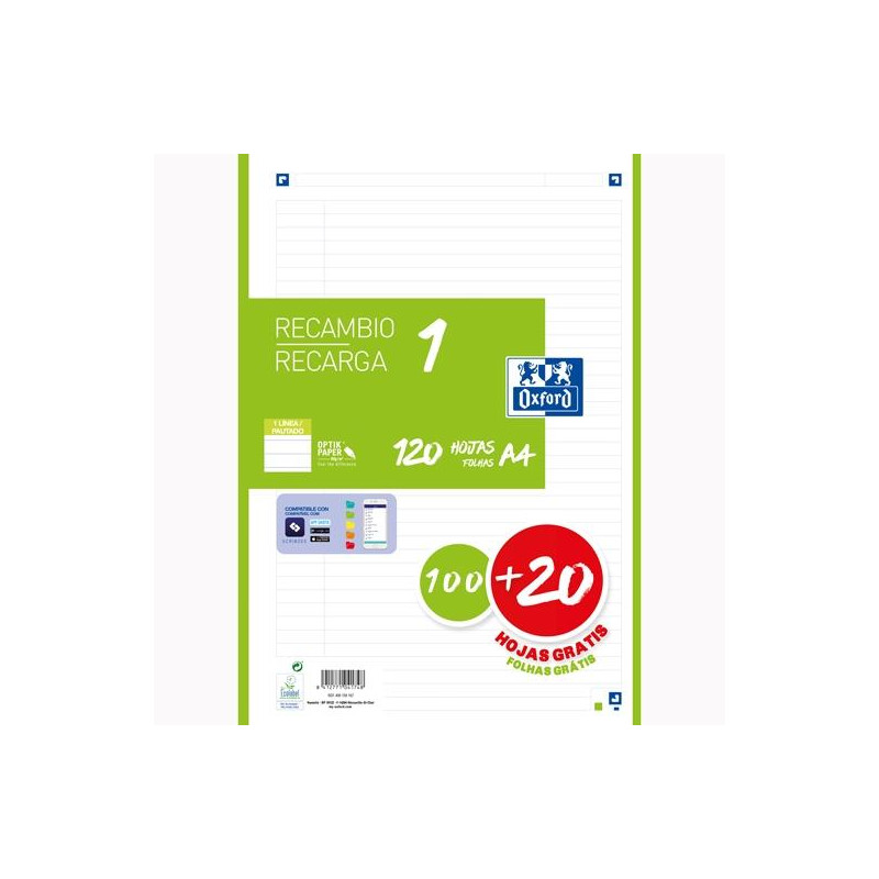 (400158167) OXFORD RECAMBIO CLASSIC 120 HOJAS A4 SUELTAS 90GR 1 LÍNEA 4 TALADROS 1 BANDA COLOR VERDE (400158167) OXFORD RECAMBIO CLASSIC 120 HOJAS A4 SUELTAS 90GR 1 LÍNEA 4 TALADROS 1 BANDA COLOR VERDE