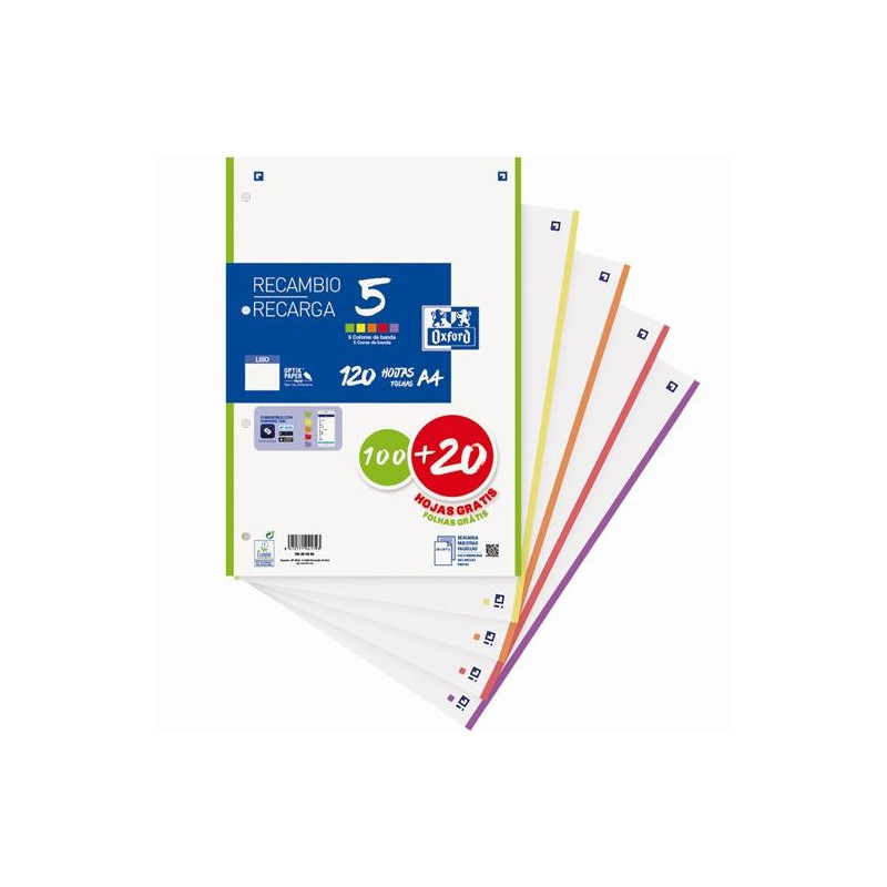 (400158168) OXFORD RECAMBIO CLASSIC 100H + 20H GRATIS A4 SUELTAS 90GR LISO 4 TALADROS 5 BANDAS COLORES VIVOS (400158168) OXFORD RECAMBIO CLASSIC 100H + 20H GRATIS A4 SUELTAS 90GR LISO 4 TALADROS 5 BANDAS COLORES VIVOS