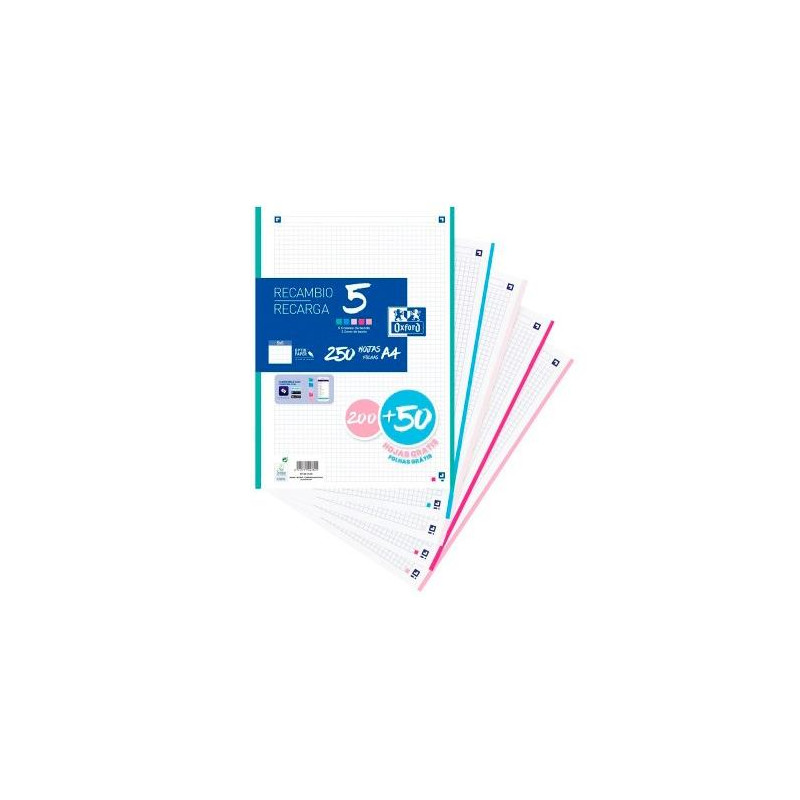 (400173020) OXFORD RECAMBIO CLASSIC 200+50H GRATIS A4 SUELTAS 90GR 5X5MM 4 TALADROS 5 BANDAS COLORES PASTEL (400173020) OXFORD RECAMBIO CLASSIC 200+50H GRATIS A4 SUELTAS 90GR 5X5MM 4 TALADROS 5 BANDAS COLORES PASTEL