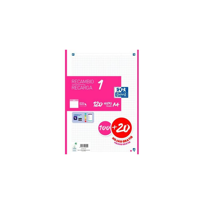 (400174181) OXFORD RECAMBIO CLASSIC 120 HOJAS A4 SUELTAS 90GR 5X5MM 4 TALADROS 1 BANDA COLOR FUCSIA