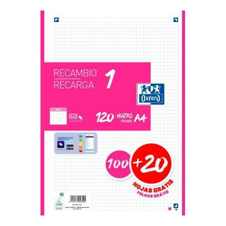 (400174181) OXFORD RECAMBIO CLASSIC 120 HOJAS A4 SUELTAS 90GR 5X5MM 4 TALADROS 1 BANDA COLOR FUCSIA