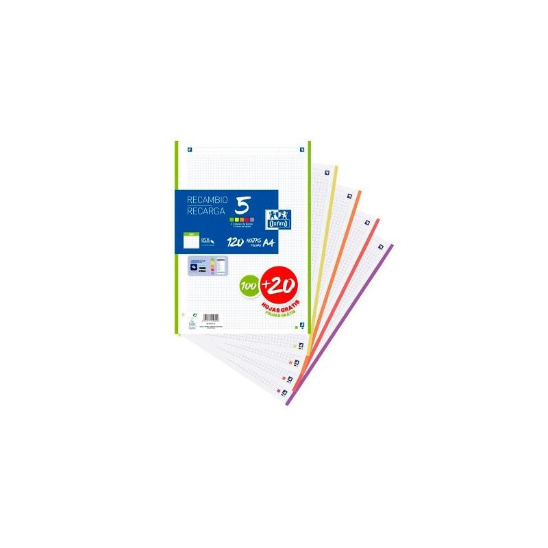 (400174182) OXFORD RECAMBIO CLASSIC 100+20H GRATIS A4 SUELTAS 90GR 4X4MM 4 TALADROS 5 BANDAS COLORES VIVOS (400174182) OXFORD RECAMBIO CLASSIC 100+20H GRATIS A4 SUELTAS 90GR 4X4MM 4 TALADROS 5 BANDAS COLORES VIVOS