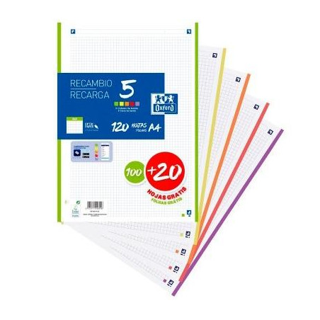 (400174182) OXFORD RECAMBIO CLASSIC 100+20H GRATIS A4 SUELTAS 90GR 4X4MM 4 TALADROS 5 BANDAS COLORES VIVOS