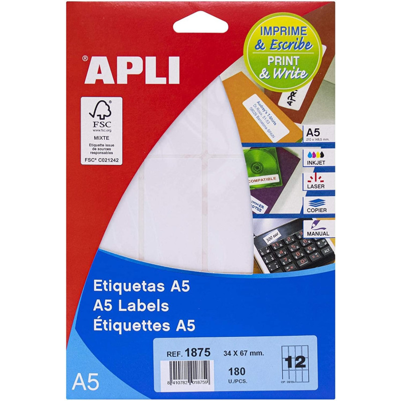 (01875) APLI ETIQUETAS ADHESIVAS 34X67MM MANUAL/IMPRESIÓN C/ROMOS 12 X 15H A5 BLANCO (01875) APLI ETIQUETAS ADHESIVAS 34X67MM MANUAL/IMPRESIÓN C/ROMOS 12 X 15H A5 BLANCO