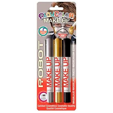 (01043) PLAYCOLOR PACK 3 BARRAS DE MAQUILLAJE MAKE UP THEMATICS ROBOT ORO/PLATA/NEGRO