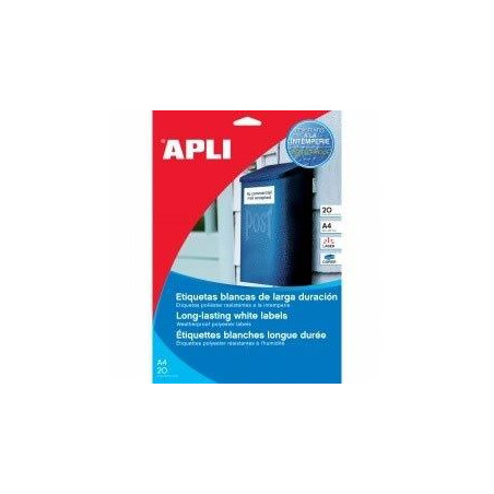 (12121) APLI ETIQUETAS ADHESIVAS RESISTENTES INTEMPERIE 210X297MM LÁSER C/RECTOS 1 X 100H POLIÉSTER BLANCO
