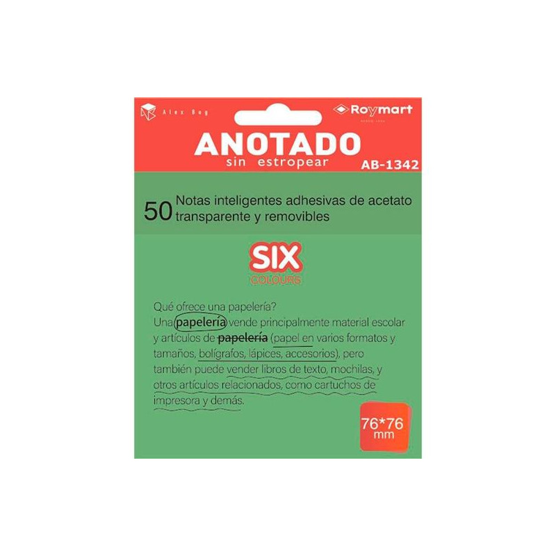 (AB-1342) ROYMART BLOC NOTAS ADHESIVAS INTELIGENTES REMOVIBLES 50H 76X76 ACETATO TRANSPARENTE VERDE FLUORESCENTE (AB-1342) ROYMART BLOC NOTAS ADHESIVAS INTELIGENTES REMOVIBLES 50H 76X76 ACETATO TRANSPARENTE VERDE FLUORESCENTE