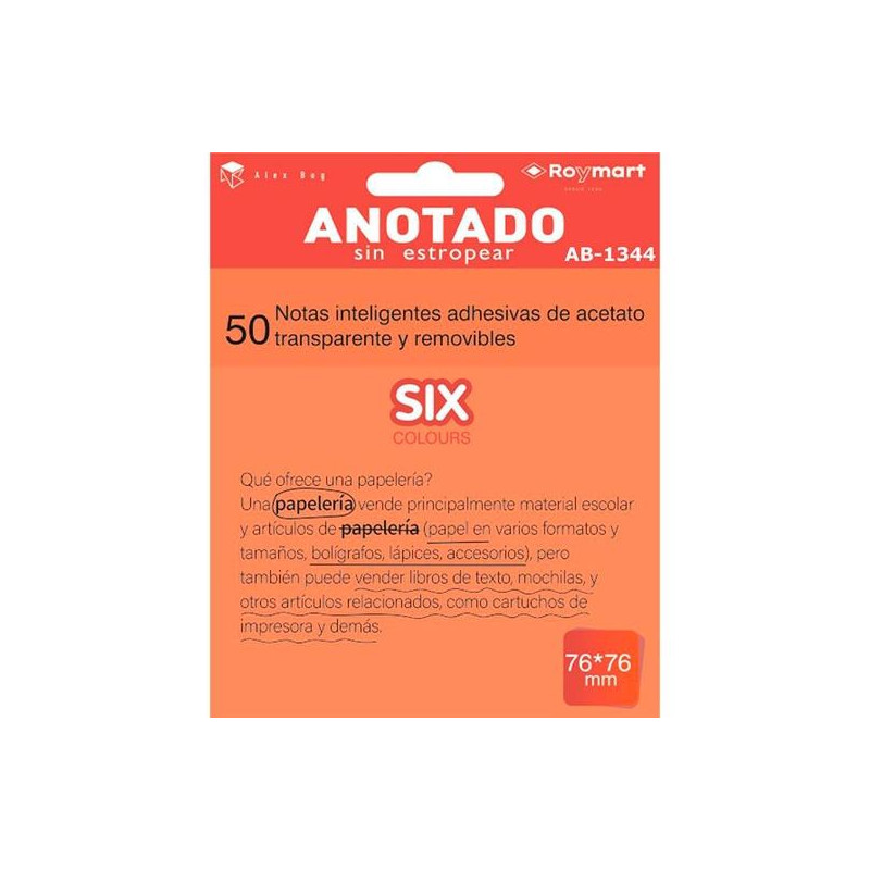 (AB-1344) ROYMART BLOC NOTAS ADHESIVAS INTELIGENTES REMOVIBLES 50H 76X76 ACETATO TRANSPARENTE NARANJA FLUORESCENTE (AB-1344) ROYMART BLOC NOTAS ADHESIVAS INTELIGENTES REMOVIBLES 50H 76X76 ACETATO TRANSPARENTE NARANJA FLUORESCENTE