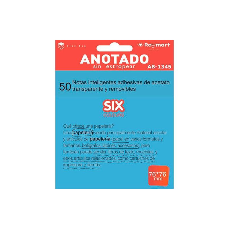(AB-1345) ROYMART BLOC NOTAS ADHESIVAS INTELIGENTES REMOVIBLES 50H 76X76 ACETATO TRANSPARENTE AZUL FLÚOR (AB-1345) ROYMART BLOC NOTAS ADHESIVAS INTELIGENTES REMOVIBLES 50H 76X76 ACETATO TRANSPARENTE AZUL FLÚOR