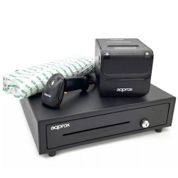 (APPPOSPACK4180) AQPROX KIT TPV CAJON PORTAMONEDAS NEGRO + LECTOR/SCANNER + IMPRESORA TERMICA + PACK ROLLOS PAPEL