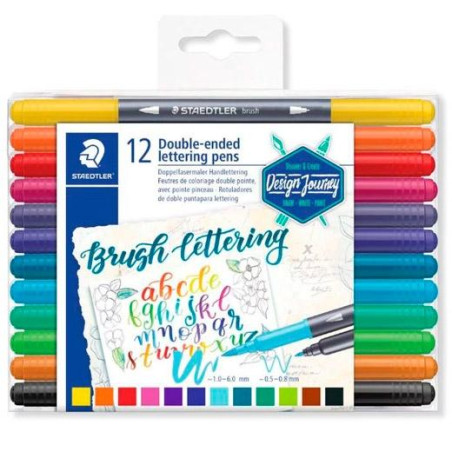 (3004 TB12) STAEDTLER ROTULADORES BRUSH LETTERING DOBLE PUNTA FINA/PINCEL C/SURTIDOS ESTUCHE 12 UD