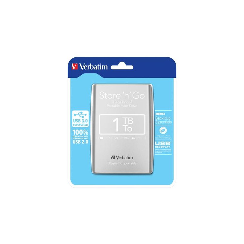 (53071) VERBATIM DISCO DURO PORTÁTIL STORE 'N' GO 1TB HDD 2.5" USB 3.0 PLATA (53071) VERBATIM DISCO DURO PORTÁTIL STORE 'N' GO 1TB HDD 2.5" USB 3.0 PLATA