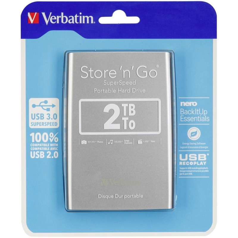 (53189) VERBATIM DISCO DURO PORTÁTIL STORE 'N' GO 2TB HDD 2.5" USB 3.0 PLATA (53189) VERBATIM DISCO DURO PORTÁTIL STORE 'N' GO 2TB HDD 2.5" USB 3.0 PLATA