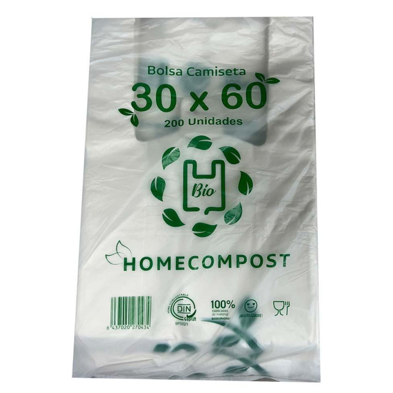(70434) BOLSA DE CAMISETA 30X60CM COMPOSTABLE 14 MICRAS PAQUETE 200 UD (70434) BOLSA DE CAMISETA 30X60CM COMPOSTABLE 14 MICRAS PAQUETE 200 UD