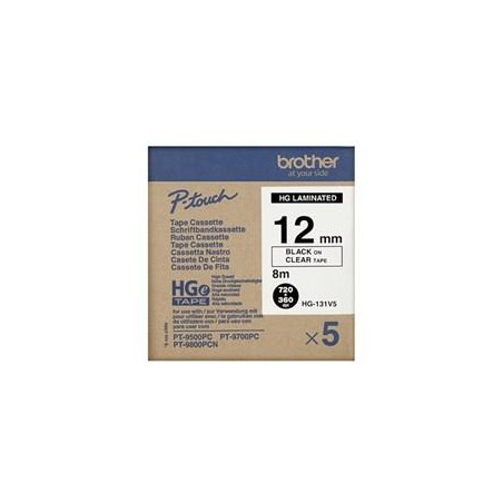 (HGe631V5) BROTHER CINTA HGE ALTA CALIDAD TEXTO NEGRO SOBRE AMARILLO 12MMX8M (CAJA 5 UDS)
