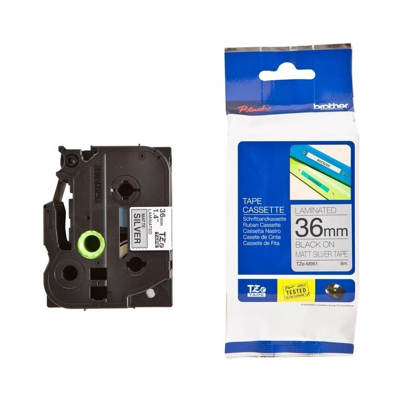(TZEM961) BROTHER CINTA ROTULADORA LAMINADA TEXTO NEGRO SOBRE PLATA MATE - 36MMX8M (TZEM961) BROTHER CINTA ROTULADORA LAMINADA TEXTO NEGRO SOBRE PLATA MATE - 36MMX8M