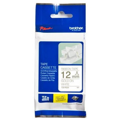 (TZER234) BROTHER CINTA ROTULADORA TELA SATINADA NO ADHESIVO TEXTO DORADO SOBRE TEJIDO BLANCO - 12MMX4M
