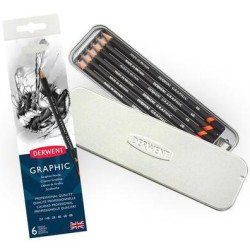 (700835) DERWENT LÁPICES DE GRAFITO GRAPHIC 6B A 2H + SACAPUNTAS CAJA METÁLICA 6 UD