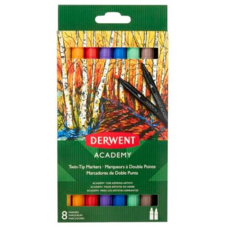 (98206) DERWENT ROTULADORES ACADEMY DOBLE PUNTA FINA/PINCEL COLORES SURTIDOS ESTUCHE 8 UD