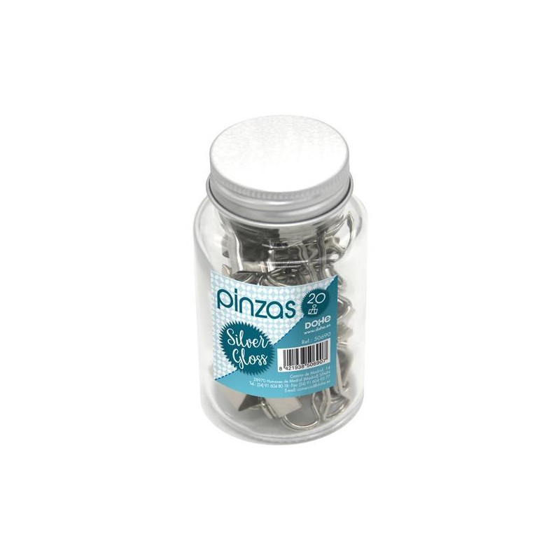 (50690) DOHE PINZAS METÁLICAS 19MM SILVER GLOSS BOTE DE CRISTAL CON TAPA 20 UD (50690) DOHE PINZAS METÁLICAS 19MM SILVER GLOSS BOTE DE CRISTAL CON TAPA 20 UD