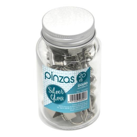 (50690) DOHE PINZAS METÁLICAS 19MM SILVER GLOSS BOTE DE CRISTAL CON TAPA 20 UD