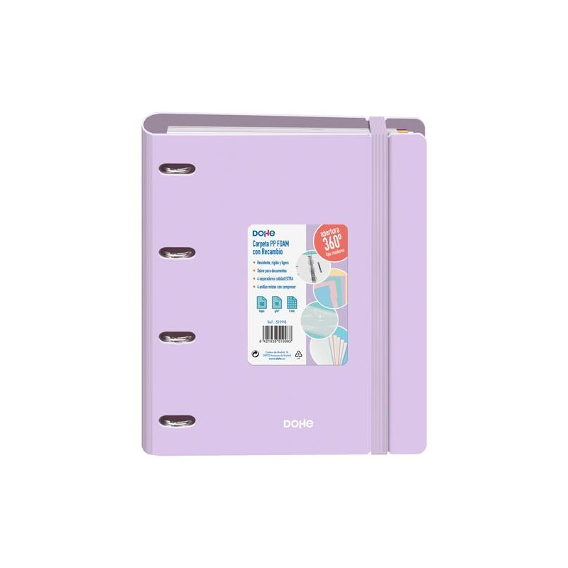 (51998) DOHE CARPETA ANILLAS MIXTAS 4X35MM RECAMBIO A4 100H 5X5MM 90GR 4 SEPARADORES POLYFOAM MORADO PASTEL (51998) DOHE CARPETA ANILLAS MIXTAS 4X35MM RECAMBIO A4 100H 5X5MM 90GR 4 SEPARADORES POLYFOAM MORADO PASTEL