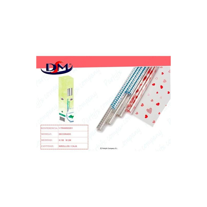 (1-TRANSD2X1) DM PAPEL REGALO ROLLO 1X2M TRANSPARENTE DECORADO