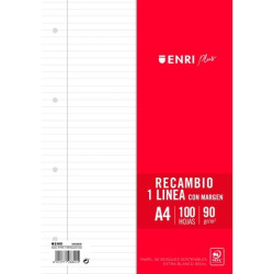 (400173749) ENRI RECAMBIO PLUS 100H A4 90GR 1 LÍNEA C/MARGEN 4 TALADROS BLANCO