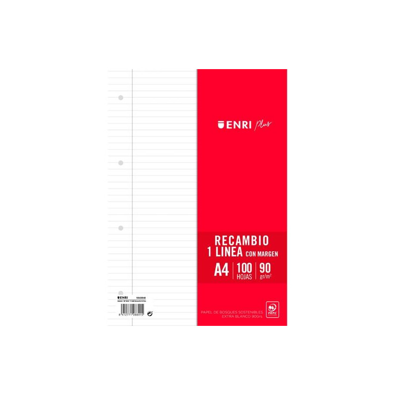(400173749) ENRI RECAMBIO PLUS 100H A4 90GR 1 LÍNEA C/MARGEN 4 TALADROS BLANCO (400173749) ENRI RECAMBIO PLUS 100H A4 90GR 1 LÍNEA C/MARGEN 4 TALADROS BLANCO