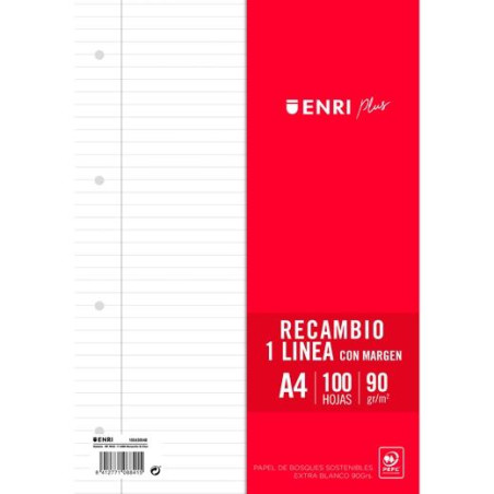 (400173749) ENRI RECAMBIO PLUS 100H A4 90GR 1 LÍNEA C/MARGEN 4 TALADROS BLANCO