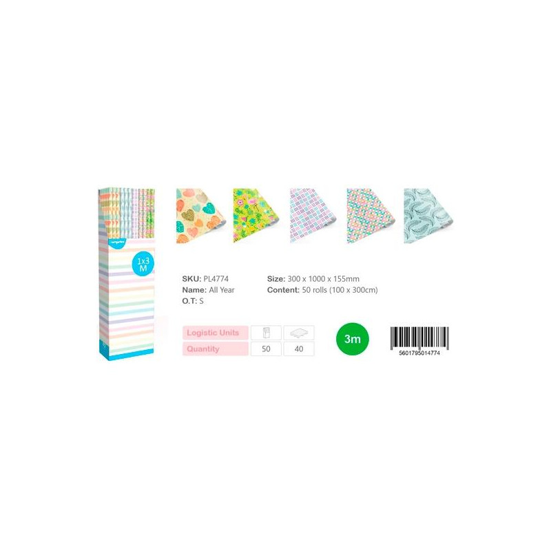 (PL4774) EUROPRICE PAPEL DE REGALO ROLLO 1X3M ALL YEAR (PL4774) EUROPRICE PAPEL DE REGALO ROLLO 1X3M ALL YEAR