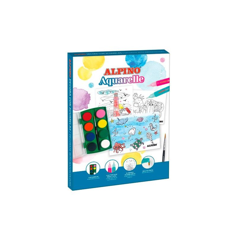 (AD000002) ALPINO SET CREATIVO DECOR AQUARELLE 6 ACUARELAS + 8 LÁMINAS + 2 GLITTER GLUE (AD000002) ALPINO SET CREATIVO DECOR AQUARELLE 6 ACUARELAS + 8 LÁMINAS + 2 GLITTER GLUE