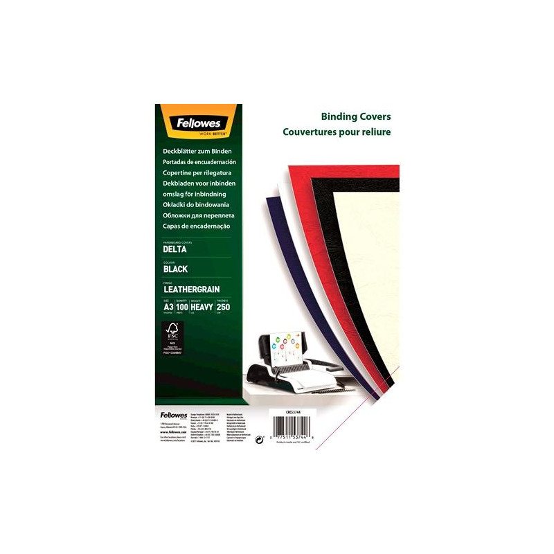 (5374401) FELLOWES TAPAS ENCUADERNACIÓN A3 CARTÓN 250GR SÍMIL PIEL DELTA CUERO FSC NEGRO PACK 100 UD (5374401) FELLOWES TAPAS ENCUADERNACIÓN A3 CARTÓN 250GR SÍMIL PIEL DELTA CUERO FSC NEGRO PACK 100 UD