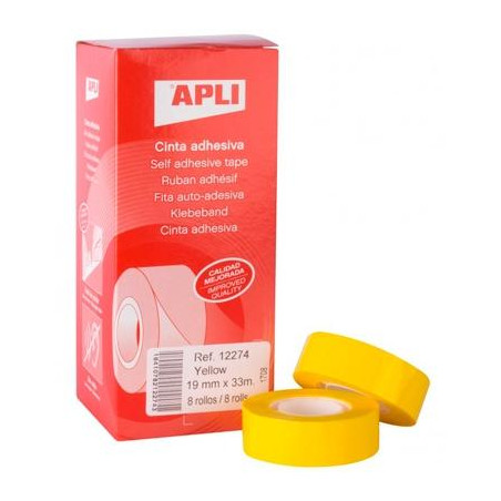 (12274) APLI CINTA ADHESIVA SILENCIOSA ROLLO 19MM X 33M PP CAJA 8 UD AMARILLO