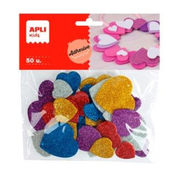 (13484) APLI FORMAS GOMA EVA ADHESIVAS CORAZONES CON PURPURINA METALIZADA COLORES SURTIDOS -50U-