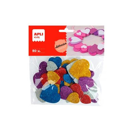 (13484) APLI FORMAS GOMA EVA ADHESIVAS CORAZONES CON PURPURINA METALIZADA COLORES SURTIDOS -50U-