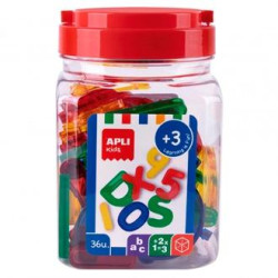 (17493) APLI KIT LETRAS Y NÚMEROS 50MM PLÁSTICO TRANSPARENTE COLORES SURTIDOS BOTE 36 UD