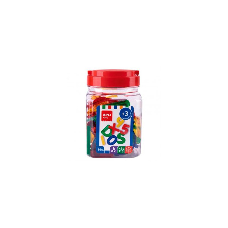 (17493) APLI KIT LETRAS Y NÚMEROS 50MM PLÁSTICO TRANSPARENTE COLORES SURTIDOS BOTE 36 UD