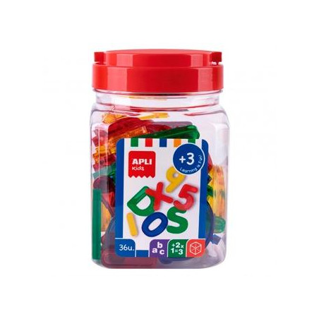 (17493) APLI KIT LETRAS Y NÚMEROS 50MM PLÁSTICO TRANSPARENTE COLORES SURTIDOS BOTE 36 UD