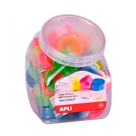 (18146) APLI CINTA ADHESIVA TRANSPARENTE ROLLO 19MM X 20M EXPOSITOR 50 UD C/SURTIDOS FLUORESCENTES
