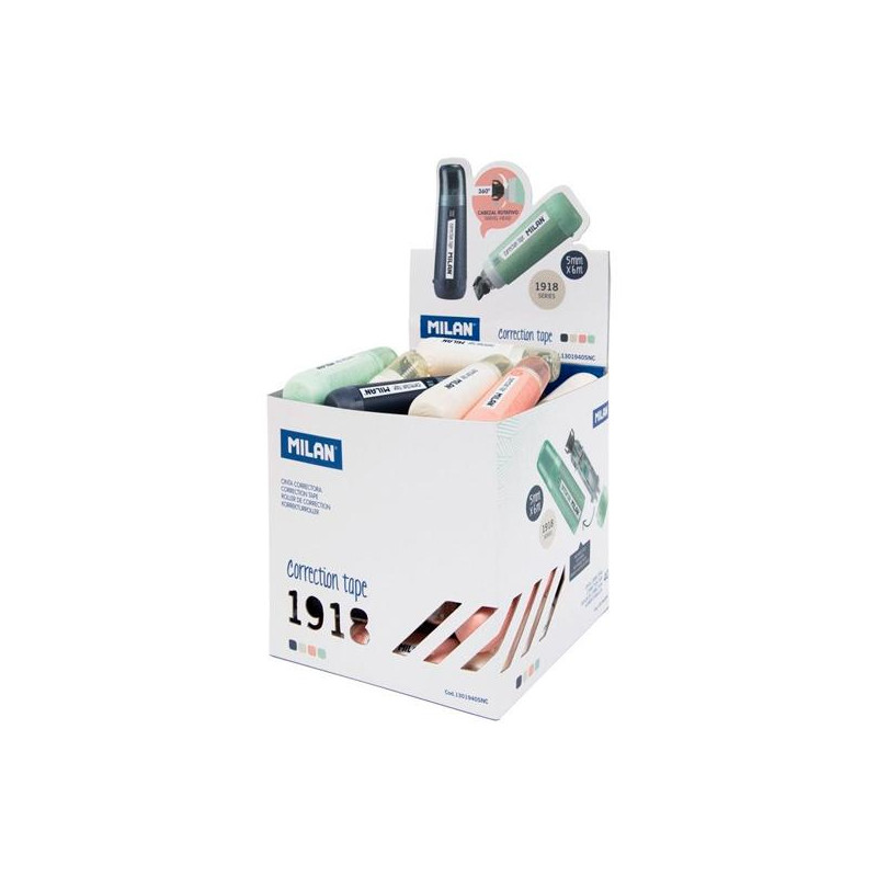 (1301940SNC) MILAN CINTA CORRECTORA CILÍNDRICA 5MMX6M SERIE 1918 CUBO EXPOSITOR 40 UD C/SURTIDOS (1301940SNC) MILAN CINTA CORRECTORA CILÍNDRICA 5MMX6M SERIE 1918 CUBO EXPOSITOR 40 UD C/SURTIDOS