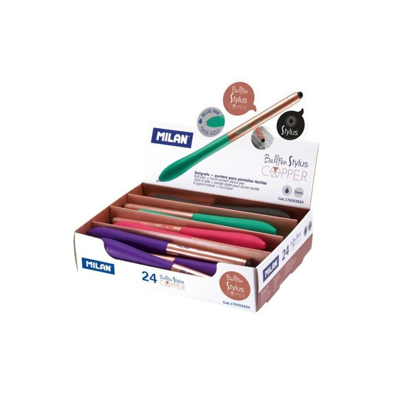 (176593924) MILAN BOLÍGRAFO STYLUS COPPER CON PUNTERO AZUL 4 COLORES SURTIDOS EXPOSITOR -24U- (176593924) MILAN BOLÍGRAFO STYLUS COPPER CON PUNTERO AZUL 4 COLORES SURTIDOS EXPOSITOR -24U-
