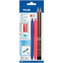 (BYM10336) MILAN SET 2 BOLÍGRAFOS P1 + 2 LÁPICES GRAFITO HB/H + GOMA 430 Y SACAPUNTAS BLÍSTER