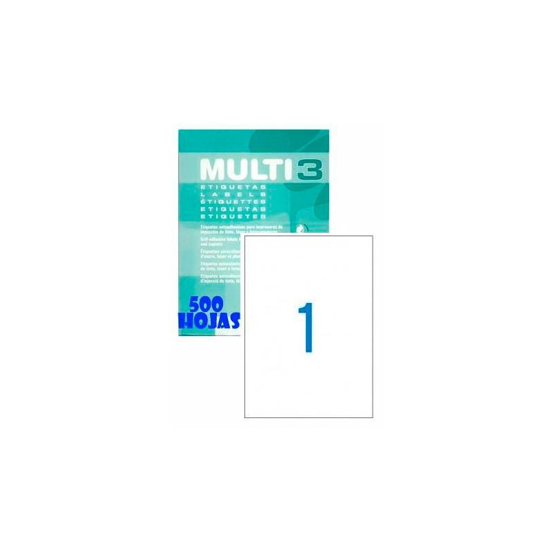 (10533) MULTI-3 ETIQUETAS ADHESIVAS 210X297MM INKJET/LÁSER C/RECTOS 1 X 500H BLANCO
