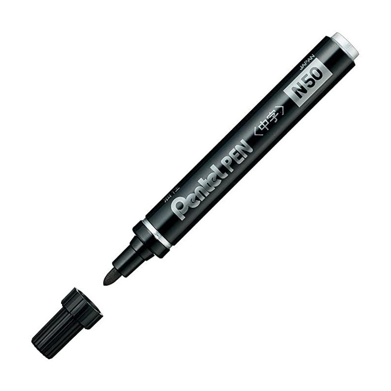 (N50-AE) PENTEL PEN N50-AE MARCADOR PERMANENTE CUERPO ALUMINIO NEGRO Y PUNTA MEDIA CONICA -12U-